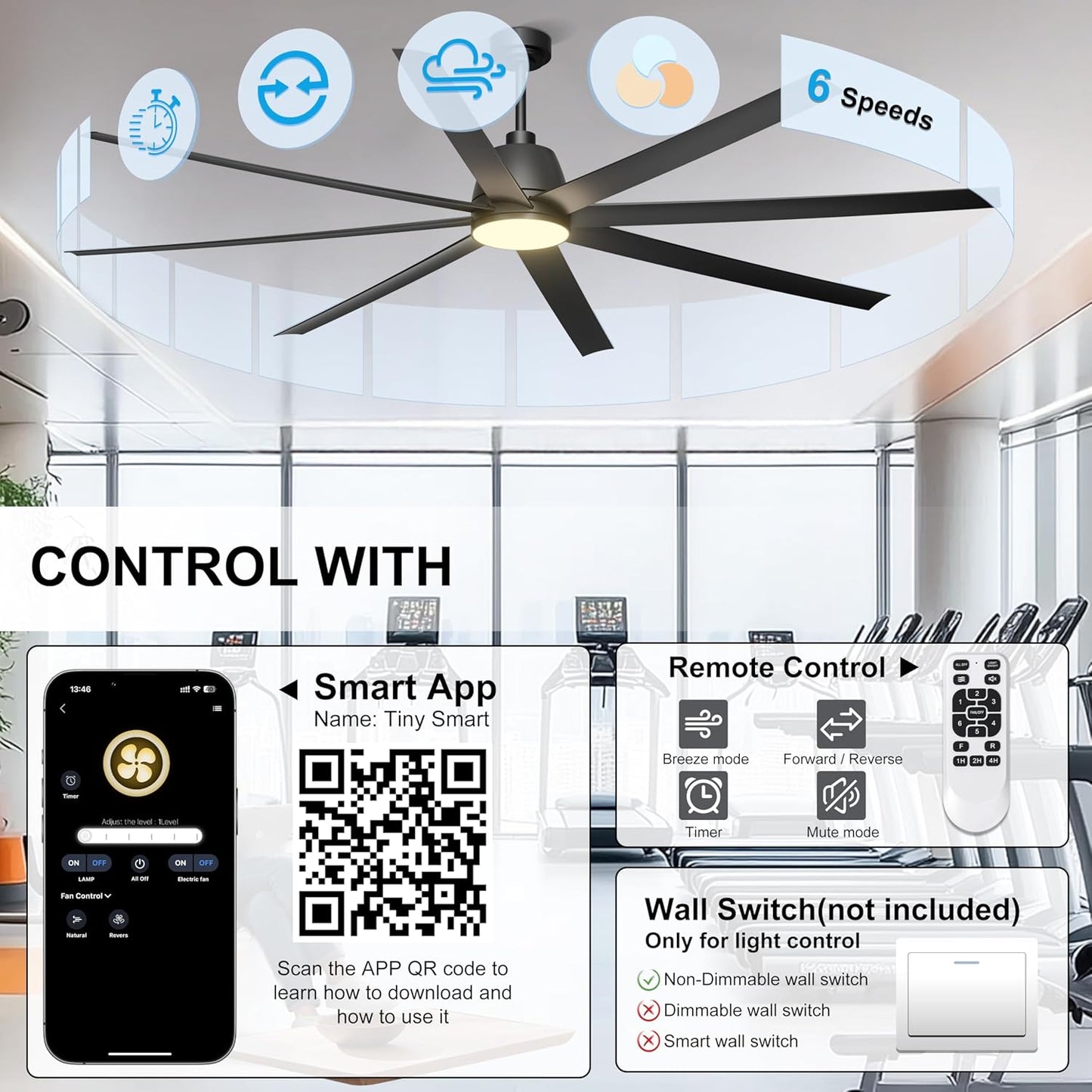 65 Inch Ceiling Fan with Lights - Black Ceiling Fan with Remote & APP Control, 3CCT, Dimmable, Quiet Reversible DC Motor, Indoor Outdoor Ceiling Fans for Patio Living Room Garage Shop