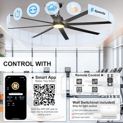 65 Inch Ceiling Fan with Lights - Black Ceiling Fan with Remote & APP Control, 3CCT, Dimmable, Quiet Reversible DC Motor, Indoor Outdoor Ceiling Fans for Patio Living Room Garage Shop